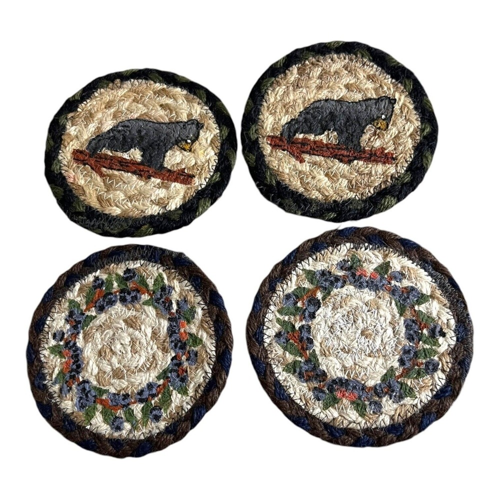 4 Black Bear Cub Berry Cabin Lake House Cottage Coasters 5" Diam